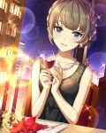  1girl alcohol alternate_hairstyle artist_request bangs bare_shoulders blush cityscape cup drinking_glass earrings heterochromia idolmaster idolmaster_cinderella_girls jewelry looking_at_viewer mole mole_under_eye necklace night night_sky official_art restaurant sky smile solo takagaki_kaede tied_hair wine wine_glass 