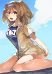  1girl absurdres breasts clouds hairband highres i-26_(kantai_collection) kantai_collection large_breasts light_brown_eyes light_brown_hair long_hair looking_at_viewer meru_(merumumu) new_school_swimsuit old_school_swimsuit open_mouth sailor_collar short_sleeves sitting sky two-tone_hairband two_side_up wariza wet 
