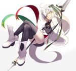  1girl artist_request bell black_gloves blonde_hair elbow_gloves fate/apocrypha fate/grand_order fate_(series) gloves hair_ribbon headpiece helmet jeanne_alter jeanne_alter_(santa_lily)_(fate) legs_crossed long_hair looking_at_viewer polearm ribbon ruler_(fate/apocrypha) solo spear thigh-highs weapon white_background yellow_eyes 