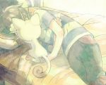  1boy black_hair capri_pants covered_face lying male_focus male_protagonist_(pokemon_sm) meowth on_bed on_side pants pillow pokemon pokemon_(creature) pokemon_(game) pokemon_sm shirt short_hair short_sleeves sleeping t-shirt yo_mo 