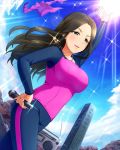 1girl arm_up boombox breasts brown_eyes brown_hair grin hand_on_hip helen_(idolmaster) idolmaster idolmaster_cinderella_girls jewelry large_breasts long_hair long_sleeves microphone necklace official_art pillar smile solo sparkle tossing 
