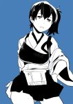  1girl black_hair blue_background hand_on_hip high_contrast japanese_clothes kaga_(kantai_collection) kantai_collection looking_at_viewer monochrome muneate short_hair side_ponytail simple_background skirt solo suzuka_(rekkyo) 