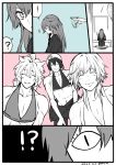  ! 1girl 2015 3boys ? bare_shoulders blush bra closed_eyes comic crossdressinging dated fang female_saniwa_(touken_ranbu) formal greyscale half_updo kogitsunemaru long_hair mikazuki_munechika monochrome multiple_boys muscle pillow saniwa_(touken_ranbu) seiza silent_comic sitting skirt_suit spoken_exclamation_mark spoken_question_mark suit table touken_ranbu tsurumaru_kuninaga twitter_username underwear wand3754 waving 