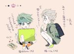  2boys backpack bag blue_eyes child crayon crown green_eyes green_hair grey_hair headband hirose_kouichi jojo_no_kimyou_na_bouken kishibe_rohan male_focus multiple_boys open_mouth shoes shorts sitting sketchbook smile sneakers socks squatting star sweatdrop sweater takuto_(kirsche10_6) time_paradox translation_request younger 