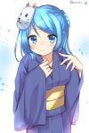  blue_eyes blue_hair double_bun ezoshika_gg fox_mask japanese_clothes kantai_collection kimono mask smile twitt urakaze_(kantai_collection) yukata 