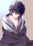  1boy :| black_hair blanket collarbone green_eyes hyouka looking_to_the_side messy_hair oreki_houtarou robe shiyu_shiying sitting 