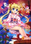  1girl absurdres anklet barefoot blonde_hair blue_eyes blue_flower bow cardfight!!_vanguard crown eyebrows eyebrows_visible_through_hair feet fireworks fujima_takuya hair_between_eyes hair_bow hair_ornament highres japanese_clothes jewelry kimono long_hair mini_crown open_mouth oriental_umbrella pink_bow scan short_kimono short_yukata skirt_hold solo striped striped_bow toes twintails umbrella very_long_hair yukata 