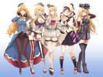  5girls american_flag american_flag_legwear anchor_hair_ornament arm_at_side arm_behind_head atago_(kantai_collection) bangs bare_shoulders beret bismarck_(kantai_collection) black_legwear black_skirt blonde_hair blue_dress blue_eyes blue_hair breasts cleavage cleavage_cutout commandant_teste_(kantai_collection) corset detached_sleeves dress elbow_gloves fingerless_gloves flag_print front-tie_top full_body fumako garter_straps gloves gradient gradient_background grey_legwear hair_between_eyes hair_ornament hat headgear highres impossible_clothes interlocked_fingers iowa_(kantai_collection) jacket kantai_collection large_breasts light_smile lips long_hair looking_at_viewer miniskirt mismatched_legwear multicolored_hair multicolored_scarf multiple_girls navel navel_cutout off-shoulder_dress off_shoulder open_mouth pantyhose peaked_cap plaid plaid_scarf pleated_skirt pom_pom_(clothes) redhead scarf short_dress skirt smile star star-shaped_pupils straight_hair streaked_hair striped striped_legwear swept_bangs symbol-shaped_pupils thigh-highs tongue vertical-striped_legwear vertical_stripes warspite_(kantai_collection) wavy_hair white_dress white_hair white_legwear zettai_ryouiki 