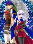  1boy 1girl 74 armor back-to-back bare_shoulders black_gloves black_legwear blue_eyes blue_hair blue_scarf cape dress elbow_gloves fingerless_gloves fire_emblem fire_emblem:_akatsuki_no_megami gauntlets gloves hair_ribbon half_updo headband highres ike_(fire_emblem) long_hair micaiah_(fire_emblem) nintendo pantyhose ribbon scarf serious shoulder_pads side_slit silver_hair size_difference sleeveless sleeveless_dress standing yellow_eyes 