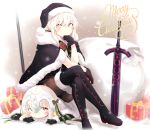  2girls ahoge bangs bell black_boots black_cape black_gloves black_hat black_legwear black_santa_costume blonde_hair blush boots bow box cape capelet christmas closed_mouth elbow_gloves eyebrows eyebrows_visible_through_hair fate/grand_order fate_(series) fur_trim fuu_(fuore) gift gift_box gloves hair_between_eyes hair_bow hair_ribbon hat head_rest headpiece highres jeanne_alter jeanne_alter_(santa_lily)_(fate) looking_down looking_to_the_side looking_up lying merry_christmas multiple_girls on_stomach pantyhose pom_pom_(clothes) pout ribbon ruler_(fate/apocrypha) saber saber_alter sack santa_alter santa_costume santa_hat sidelocks sitting sitting_on_person snow snowing sword sword_plant thigh-highs thigh_boots weapon yellow_eyes 
