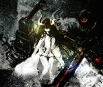  1girl abstract_background anchorage_water_oni assi black_hair cannon faux_traditional_media kantai_collection legs long_hair long_horns looking_at_viewer mechanical_parts red_eyes robe shinkaisei-kan solo texture very_long_hair 