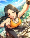  1girl bare_shoulders breasts brown_eyes brown_hair cleavage dripping forest helen_(idolmaster) idolmaster idolmaster_cinderella_girls jewelry large_breasts long_hair nature navel necklace official_art rock_climbing solo sports_bra sweat sweating wristband 