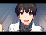  1boy black_hair brown_eyes fake_screenshot fuyumi_jun idolmaster idolmaster_side-m labcoat letterboxed looking_at_viewer looking_up maguro_(ma-glo) male_focus pov smile solo translation_request turtleneck 