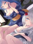  2girls bare_shoulders blue_eyes blue_hair breasts cleavage floral_print flower hair_flower hair_ornament hair_over_one_eye hamakaze_(kantai_collection) igakusei japanese_clothes kantai_collection kimono large_breasts long_hair looking_at_viewer multiple_girls open_clothes open_kimono short_hair silver_hair urakaze_(kantai_collection) yukata 