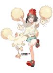  1girl arms_up beanie black_eyes black_hair cutiefly female_protagonist_(pokemon_sm) hat open_mouth oricorio pokemon pokemon_(creature) pokemon_(game) pokemon_sm pom_poms red_hat shirt short_hair simple_background standing standing_on_one_leg starshadowmagician tied_shirt white_background 
