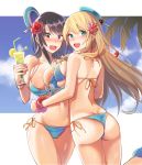  2girls absurdres alternate_costume ass atago_(kantai_collection) bare_arms bare_shoulders bikini black_hair blonde_hair blue_bikini blush breast_press breasts butt_crack cowboy_shot flower from_behind green_hair hair_flower hair_ornament hands_on_hips hibiscus highres kantai_collection kitazawa_(embers) large_breasts long_hair looking_at_viewer looking_down midriff multiple_girls open_mouth palm_tree red_eyes red_rose rose shiny shiny_skin short_hair skindentation standing standing_on_one_leg swimsuit symmetrical_docking takao_(kantai_collection) thigh_gap thighs tree wavy_mouth 