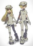  1boy 1girl aether_foundation_employee aether_foundation_employee_(cosplay) blonde_hair boots brother_and_sister cosplay elbow_gloves gladio_(pokemon) gloves green_eyes hair_over_one_eye hand_holding hat highres kometubu0712 lillie_(pokemon) long_hair pantyhose pokemon pokemon_(game) pokemon_sm pouch short_hair short_sleeves siblings simple_background smile white_background white_gloves white_hat 