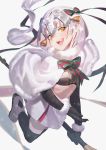  1girl :d bell black_gloves black_legwear blush capelet elbow_gloves fate/grand_order fate_(series) gloves helmet jeanne_alter jeanne_alter_(santa_lily)_(fate) karasu-san_(syh3iua83) looking_at_viewer open_mouth ruler_(fate/apocrypha) silver_hair simple_background smile solo teeth thigh-highs white_background yellow_eyes 