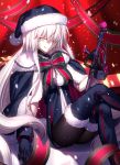  &gt;:q 1girl bangs black_gloves black_legwear bow bowtie cape chains fate/grand_order fate_(series) fur_trim gloves hat highres jeanne_alter legs_crossed long_hair looking_at_viewer pantyhose pom_pom_(clothes) ruler_(fate/apocrypha) santa_hat shinooji sidelocks silver_hair sitting snow snowing solo striped striped_bow striped_bowtie thigh-highs tongue tongue_out very_long_hair yellow_eyes 