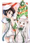  2girls :d ahoge alternate_costume black_eyes black_hair capelet christmas christmas_tree cospaly cosplay dress fang hachachi hat height_difference highres horns kantai_collection long_hair maru-yu_(kantai_collection) maru-yu_(kantai_collection)_(cosplay) mittens multiple_girls northern_ocean_hime open_mouth santa_hat shinkaisei-kan short_hair smile thigh-highs white_dress white_hair white_legwear white_skin zettai_ryouiki 