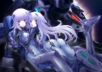  2girls :o ass blue_eyes bodysuit cockpit cryska_barchenowa eyebrows eyebrows_visible_through_hair female game_cg highres iizuki_tasuku inia_sestina long_hair looking_at_viewer mecha multiple_girls muvluv muvluv_alternative muvluv_total_eclipse one_leg_raised open_mouth parted_lips short_hair silver_hair yuri 