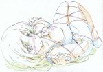  absurdres animal_between_breasts anitore!_ex bangs bare_shoulders blunt_bangs blush bound breasts cleavage color_trace highres jumprope kitazinger large_breasts long_hair lying on_back saotome_shizuno shorts tank_top 