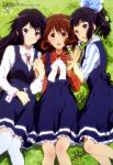  3girls absurdres black_hair blue_eyes brown_eyes brown_hair dress hair_ribbon hand_holding hibike!_euphonium highres kitaji_miho kousaka_reina long_hair megami multiple_girls official_art oumae_kumiko ribbon sasaki_azusa thigh-highs 