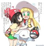  2girls ? @_@ bag beanie blonde_hair blue_eyes blush braid commentary_request dress eromame female_protagonist_(pokemon_sm) flying_sweatdrops green_eyes hat hime_cut lillie_(pokemon) long_hair multiple_girls pokemon pokemon_(game) pokemon_sm see-through shirt short_hair shorts shoulder_bag spoken_question_mark sun_hat tied_shirt translation_request wavy_mouth 