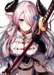  1girl between_breasts black_legwear blue_eyes blush breasts doraf granblue_fantasy hair_over_one_eye highres holding holding_sword holding_weapon horns katana large_breasts long_hair narumeia_(granblue_fantasy) oyu_(sijimisizimi) pink_hair pointy_ears sheath sheathed sideboob simple_background smile solo sword thigh_strap thighs weapon white_background 
