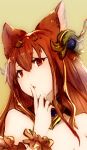  1girl animal_ears ansuria bangs bare_shoulders commentary_request eyebrows eyebrows_visible_through_hair finger_to_mouth gorget granblue_fantasy hair_ornament long_hair looking_to_the_side open_mouth red_eyes redhead solo upper_body 