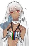  1girl altera_(fate) bare_shoulders blush cheek_pinching commentary_request dark-skinned_female dark_skin detached_sleeves fate/grand_order fate_(series) full-body_tattoo highres looking_at_viewer onineko-chan pinching pov red_eyes simple_background solo_focus sweatdrop tattoo veil white_background white_hair 