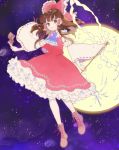  1girl ascot boots bow brown_eyes brown_hair cross-laced_footwear detached_sleeves full_moon hair_bow hair_tubes hakurei_reimu lace-up_boots moon petticoat red_shirt red_skirt shirt skirt skirt_set sleeveless sleeveless_shirt smile touhou tsugihagi 