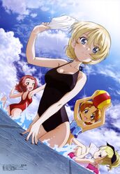  4girls :d absurdres armpits ass assam ball bare_shoulders beachball bikini black_swimsuit blonde_hair blue_bikini blue_eyes blush book bow breasts brown_eyes casual_one-piece_swimsuit cleavage clouds collarbone darjeeling girls_und_panzer groin hair_ribbon halterneck highres hips innertube looking_at_viewer looking_back megami multiple_girls official_art one-piece_swimsuit open_mouth orange_hair orange_pekoe ponytail poolside reading red_swimsuit redhead ribbon rosehip scan shiny shiny_hair short_hair shoulder_blades sidelocks sky smile swimsuit violet_eyes water white_swimsuit 