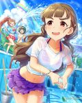  3girls bangs bikini bikini_under_clothes blunt_bangs bracelet brown_hair bucket character_request eyebrows frilled_bikini frills hose idolmaster idolmaster_cinderella_girls jewelry kamiya_nao long_hair mop multiple_girls navel official_art open_mouth pool rainbow red_eyes shirt swimsuit twintails wet wet_clothes wet_shirt 