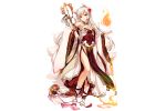  1girl animal_ears artist_request bare_shoulders boots breasts brown_eyes cleavage collar dress fingernails flower_knight_girl fox_ears full_body hair_ornament jewelry kitsune long_hair looking_at_viewer nail_polish side_slit solo staff tail transparent_background white_hair wide_sleeves 