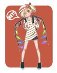  alternate_costume black_shoes blonde_hair casual cireng-kun crystal english fang_out flandre_scarlet hat hat_ribbon highres long_sleeves looking_at_viewer mob_cap red_eyes red_ribbon ribbon shirt shoes shorts side_ponytail simple_background smile speech_bubble striped striped_shirt touhou wings 