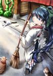  1girl blue_eyes blue_hair broom cat from_above hair_between_eyes hakama high_ponytail houshou_(kantai_collection) japanese_clothes kantai_collection kappougi light_smile lips long_hair looking_at_viewer outdoors perspective plant ponytail road standing street sweeping wooden_wall yuzu_momo 