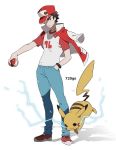  1672 1boy baseball_cap brown_eyes brown_hair clothes_writing denim electricity hand_in_pocket hat holding holding_poke_ball jeans looking_at_viewer male_focus pants pikachu poke_ball pokemon pokemon_(creature) pokemon_(game) pokemon_sm raglan_sleeves red_(pokemon) red_(pokemon)_(sm) shadow shirt shoes short_hair simple_background sneakers solo t-shirt white_background 
