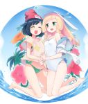  2girls :d ^_^ adapted_costume bangs bare_arms bare_legs barefoot beanie bikini bikini_under_clothes black_hair blonde_hair blue_ribbon blue_sky blunt_bangs blush braid breast_press breasts closed_eyes day eyebrows_visible_through_hair eyelashes female_protagonist_(pokemon_sm) fingernails floral_background floral_print frills front-tie_top full_body green_bikini green_eyes hand_holding hat hat_ribbon highres homura_subaru interlocked_fingers jacket kneeling lillie_(pokemon) long_hair looking_at_another looking_at_viewer multiple_girls ocean off_shoulder one-piece_swimsuit open_mouth palm_tree pokemon pokemon_(game) pokemon_sm red_flower red_hat ribbon shirt short_hair short_sleeves side-tie_bikini sky small_breasts smile stomach summer sun_hat swept_bangs swimsuit swimsuit_under_clothes symmetrical_docking tied_shirt tree twin_braids up_sleeve white_hat white_jacket white_swimsuit yellow_flower 