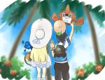  1boy 1girl arm_up backpack bag black_hair blonde_hair cosmog dress duffel_bag from_behind hat kutta lillie_(pokemon) long_hair male_protagonist_(pokemon_sm) palm_tree pokedex pokemon pokemon_(creature) pokemon_(game) pokemon_sm rotom rowlet see-through short_hair sky sun_hat tree v white_dress white_hat z-ring 