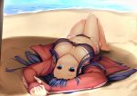  1girl bangs beach bikini black_bikini blue_eyes blue_hair blush breasts commentary fate/grand_order fate_(series) forehead frilled_bikini frills haribote jacket large_breasts light_smile long_hair looking_at_viewer lying navel ocean on_back saint_martha shade smile solo stomach swimsuit thighs track_jacket upside-down 