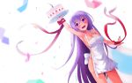 1girl :d apron arm_ribbon arm_up armpits ass birthday_cake blurry blush breasts cake candle cleavage collarbone confetti depth_of_field dutch_angle eyebrows eyebrows_visible_through_hair fire food fruit gj-bu hair_between_eyes highres long_hair medium_breasts naked_apron open_mouth purple_hair red_ribbon ribbon smile solo standing strawberry sumeragi_shion tray twitter_username very_long_hair violet_eyes white_background yokura_(yukilina) 