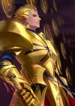  1boy armor blonde_hair earrings fate/stay_night fate/zero fate_(series) from_side full_armor gate_of_babylon gauntlets gilgamesh gold gold_armor highres holding holding_weapon jewelry looking_at_viewer night night_sky red9 red_eyes shiny shiny_hair sky solo weapon 