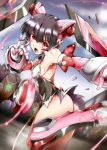  1girl ass bare_shoulders black_hair blue_sky blush bodysuit boots breasts clouds cowboy_shot dutch_angle elbow_gloves erect_nipples from_behind gauntlets gloves headgear knee_boots long_hair looking_at_viewer looking_back noise_(symphogear) open_mouth outdoors pink_eyes senki_zesshou_symphogear shiny shiny_hair skirt sky small_breasts suga_leon sweat thigh-highs torn_clothes tsukuyomi_shirabe twintails yo-yo 