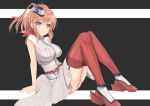  1girl blue_eyes breasts brown_hair dress hair_ornament highres kantai_collection knees_up large_breasts leaning_back legs red_legwear rure saratoga_(kantai_collection) short_sleeves sitting thigh-highs 