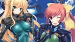  2girls blonde_hair bodysuit bow breasts breasts_apart brown_hair erect_nipples eyebrows eyebrows_visible_through_hair green_eyes hair_bow hand_on_hip highres isumi_marika lilia_kjellberg long_hair looking_at_viewer mecha mecha_musume medium_breasts miyata_sou multiple_girls muvluv muvluv_alternative_chronicles one_eye_closed open_mouth ponytail upper_body w yellow_bow 