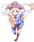  1girl american_flag_dress american_flag_legwear blonde_hair blush breasts clownpiece dress fairy_wings happy hat jester_cap long_hair neck_ruff open_mouth outstretched_arms pantyhose red_eyes ryu3224 short_dress short_sleeves small_breasts torch touhou wings 