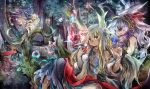  3girls animal_ears apple bikini_top black_eyes blonde_hair eyepatch fairy fairy_wings food forest fruit fujiwara_akina green_hair long_hair multiple_girls nature navel original red_eyes silver_hair wings 