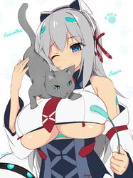  1girl android artist_name bangs blue_eyes blue_shirt blush breasts cat cat_on_person cat_paws cattail character_name cleavage collared_shirt dangan_neko detached_sleeves eyebrows eyebrows_visible_through_hair grey_hair hair_between_eyes hand_up headgear highres large_breasts long_hair necktie one_eye_closed original paw_print paws plant red_necktie red_ribbon ribbon russia_(dangan_neko) shirt simple_background smile solo under_boob upper_body white_background 