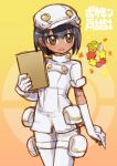  1girl aether_foundation_employee black_hair brown_eyes comfey dark_skin flower gloves hat ico_(green_bullet) pokemon pokemon_(creature) pokemon_(game) pokemon_sm short_hair short_sleeves white_gloves white_hat white_legwear 